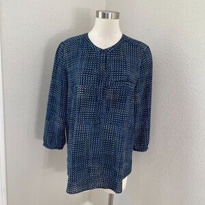 NYDJ Womens Large Blue White‎ Dotted 3/4 Sleeve Blouse Top Pullover Button Front